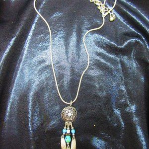 Adjustable Silver Necklace With Blue Rhinestone Focal Piece Pendant With Feather